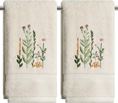 Artoid Mode 2 Pcs Beige Wildflower Floral Embroidered Hand Towels for Bathroom, 100% Cotton Soft Absorbent Farmhouse Decor Towels, 13.7 x 29.5 Inch