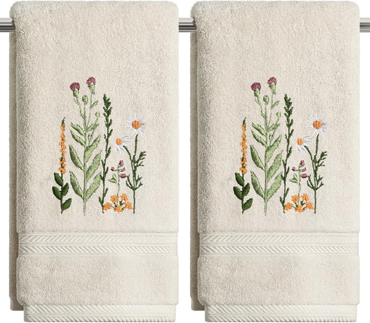 Artoid Mode 2 Pcs Beige Wildflower Floral Embroidered Hand Towels for Bathroom, 100% Cotton Soft Absorbent Farmhouse Decor Towels, 13.7 x 29.5 Inch