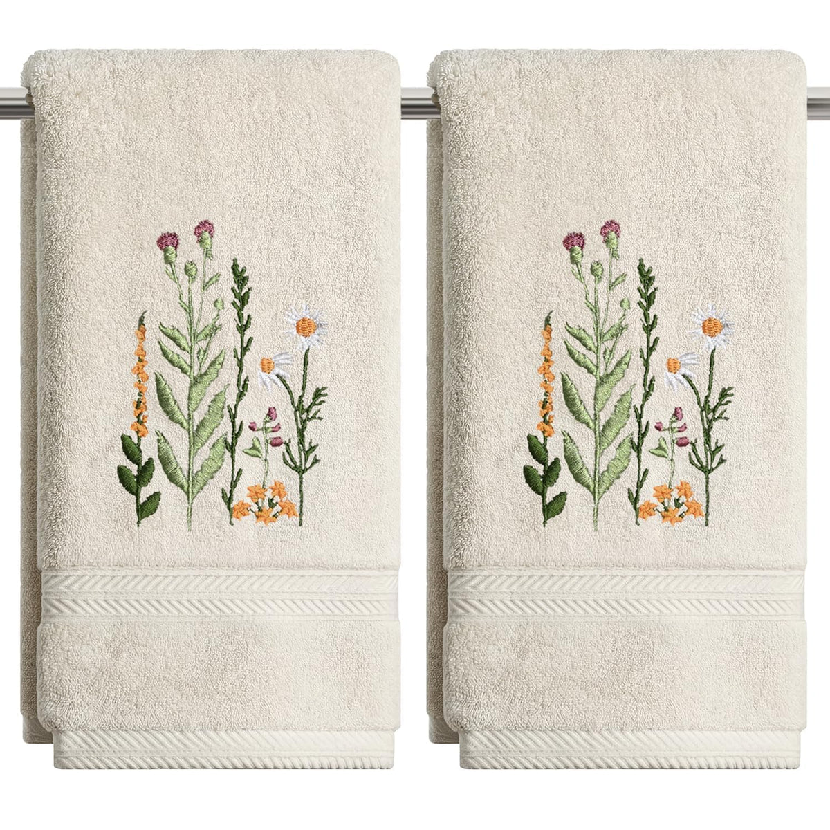 Artoid Mode 2 Pcs Beige Wildflower Floral Embroidered Hand Towels for Bathroom, 100% Cotton Soft Absorbent Farmhouse Decor Towels, 13.7 x 29.5 Inch