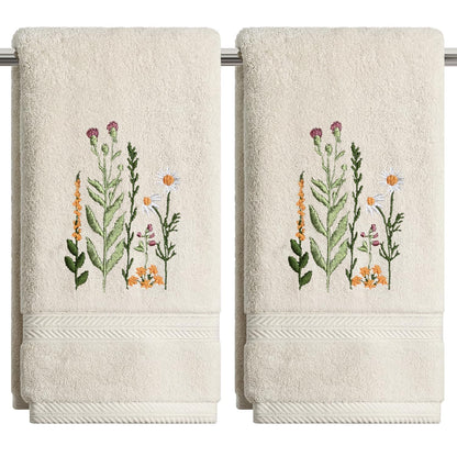 Artoid Mode 2 Pcs Beige Wildflower Floral Embroidered Hand Towels for Bathroom, 100% Cotton Soft Absorbent Farmhouse Decor Towels, 13.7 x 29.5 Inch