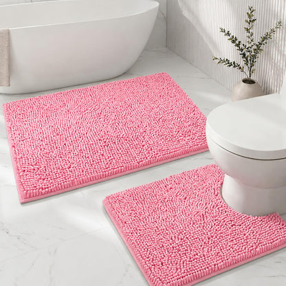 Bathroom Rugs Sets 2 Piece,Super Absorbent Soft,Thick,Machine Washable Chenille Bath Mat,Non Slip Toilet Floor Rug,Bath Mats for Bathroom,20x32 Plus 20x20 U Shape,Light Grey