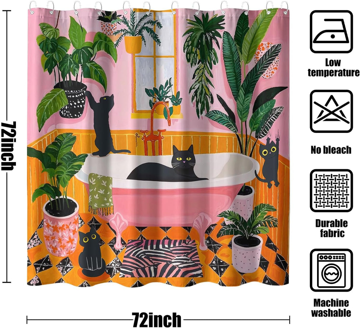 Funny Cat Shower Curtain Boho Cute Fun Black Cats Matisse Shower Curtains for Bathroom Kitten Green Tropical Plant Leaves Pink Orange Yellow Waterproof Fabric Bath Curtain Decor 72 X 72 Inches