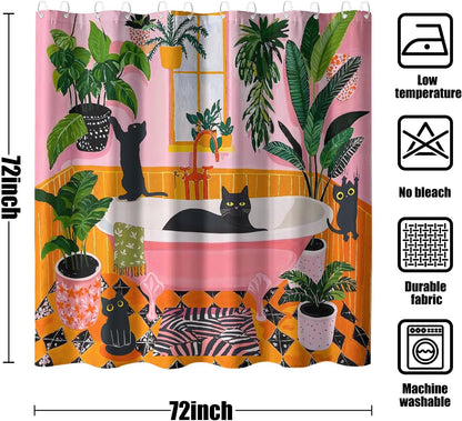 Funny Cat Shower Curtain Boho Cute Fun Black Cats Matisse Shower Curtains for Bathroom Kitten Green Tropical Plant Leaves Pink Orange Yellow Waterproof Fabric Bath Curtain Decor 72 X 72 Inches