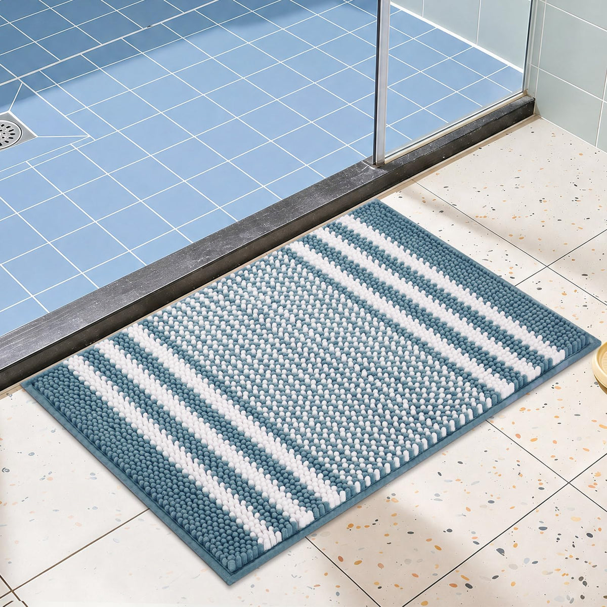 BSICPRO Bathroom Rugs Sets 2 Piece, Non Slip Striped Bath Mats, Fog Blue