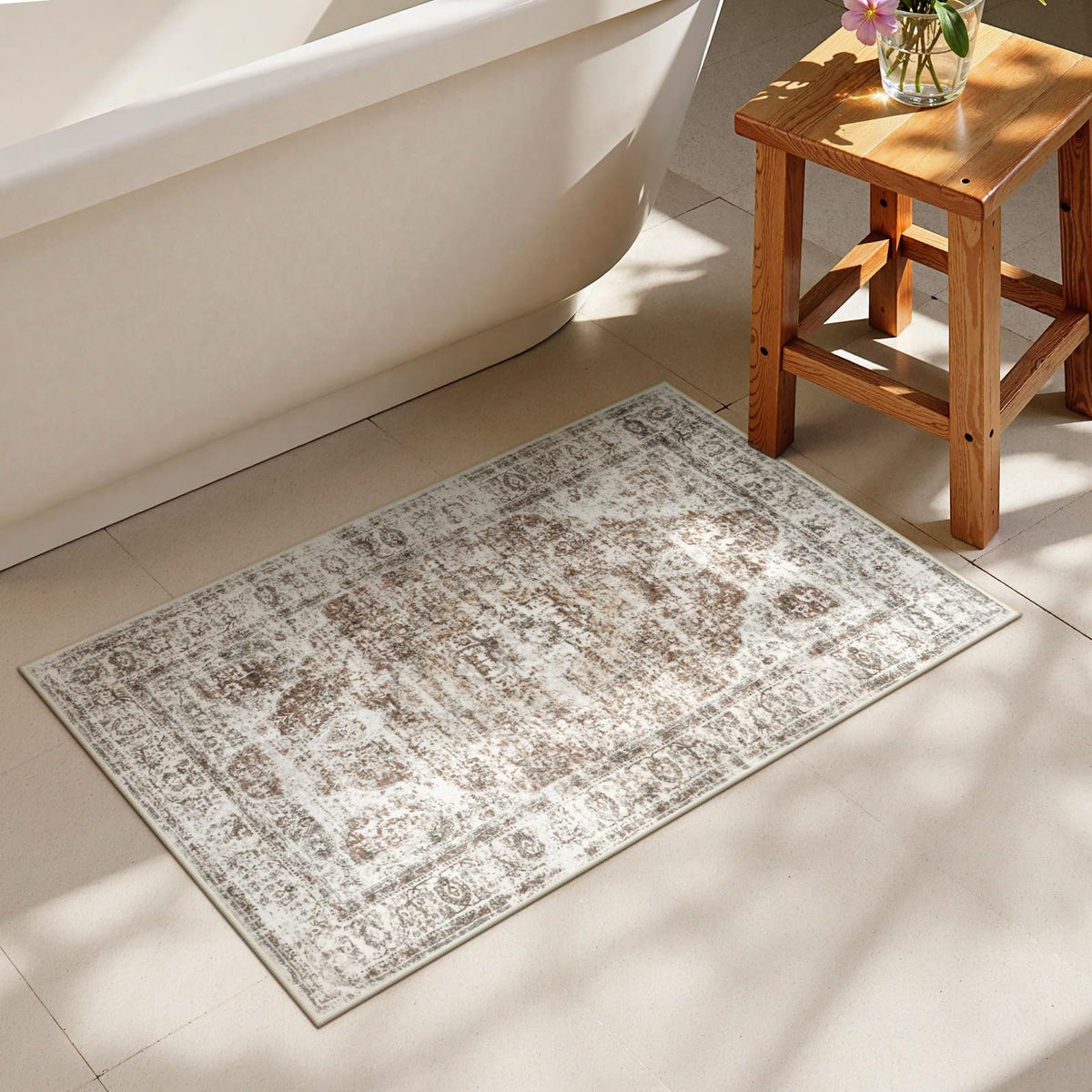 Uphome Boho Small Bath Mat, Distressed Farmhouse Light Khaki Bath Rugs, Comfy Velvet Bathroom Rugs Non Slip Washable, Vintage Oriental Toilet Rug for Sink Shower Vanity, 18x26 inch