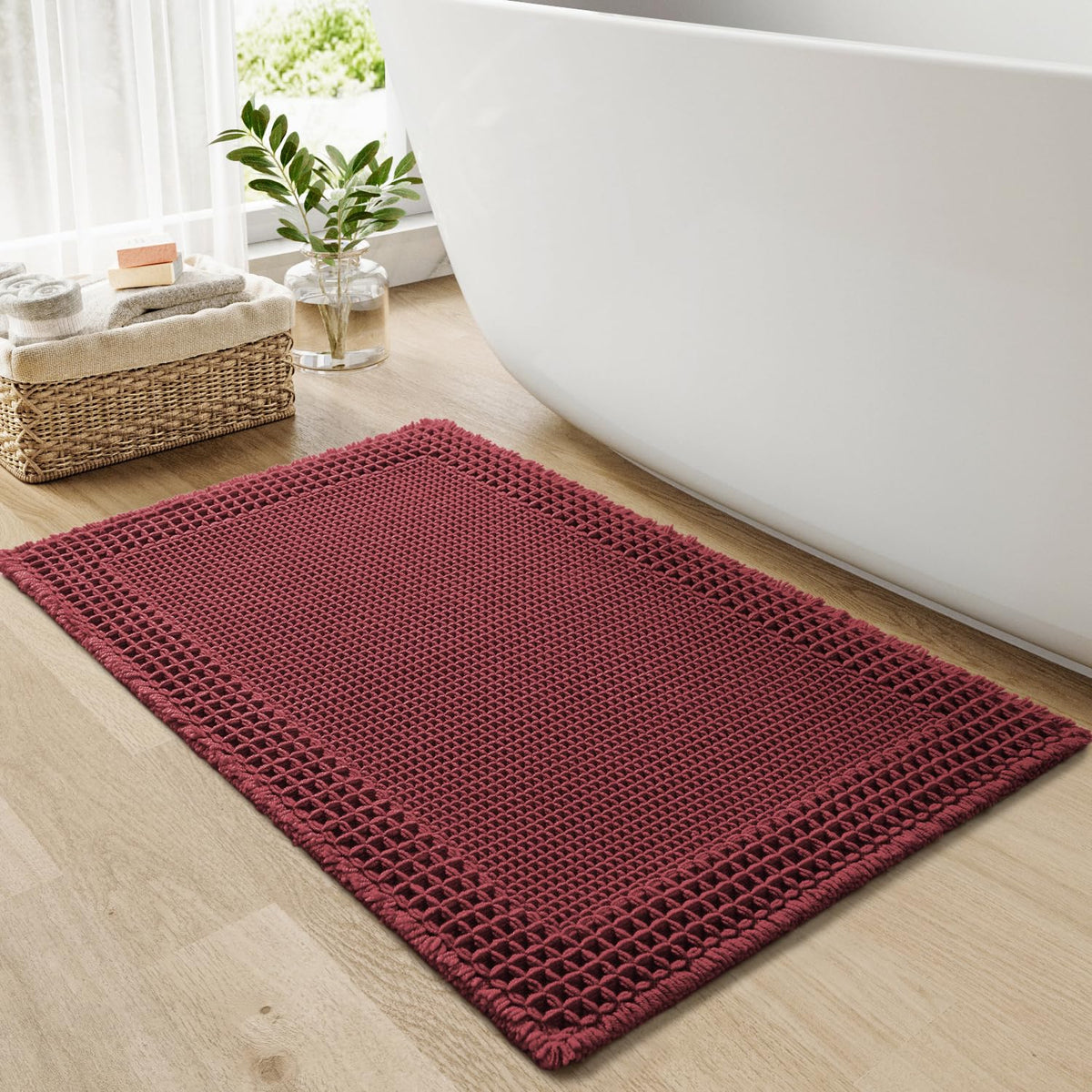 RESARE Waffle Bathroom Runner Rugs, Non Slip Boho Bath Mat 24"x72" Brown