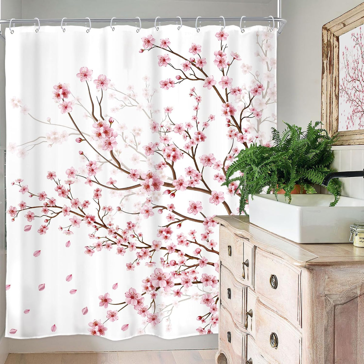 Pink Cherry Blossom Plum Asian Shower Curtain Japanese 60Wx72H Inch Decor