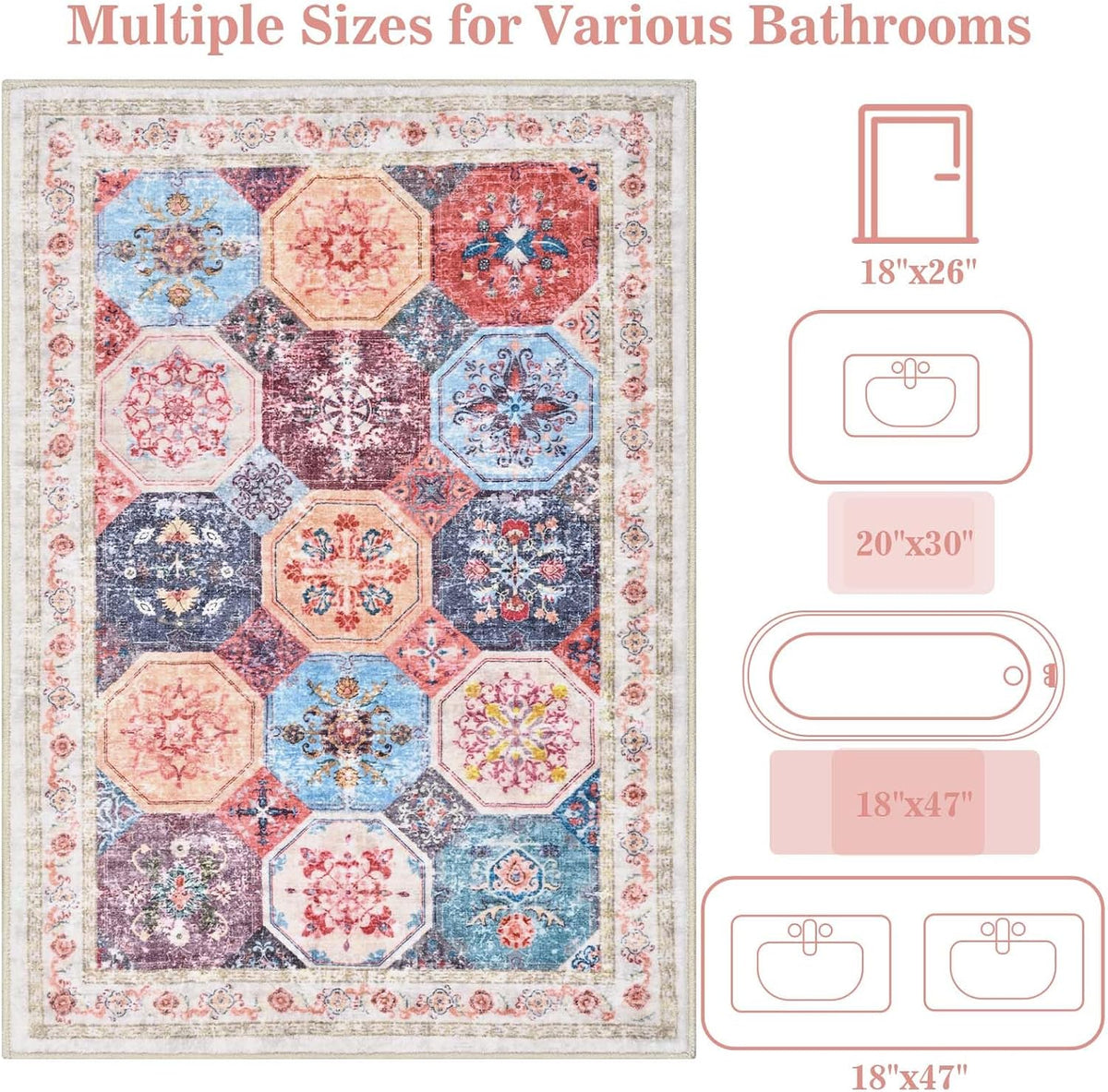 Yinhua Boho Bathroom Runner Rug Non Silp, Vintage Long Bath Mat Washable