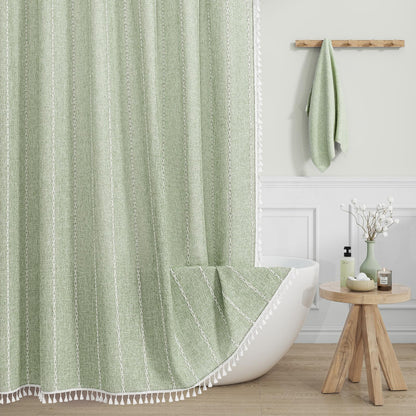 Boho Farmhouse Tassel Linen Shower Curtain,3D Embroidery Stripe Black,72x72