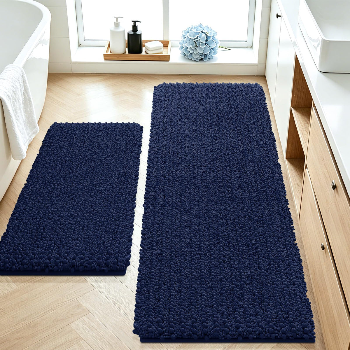 ACCUMTEK Upgrade Extra Large Black Bathroom Rug Set 3 Pieces Ultra Soft, Thick Absorbent Bath Mats, Non Slip Chenille Toilet Mat for Bathroom, Bedroom, Kitchen