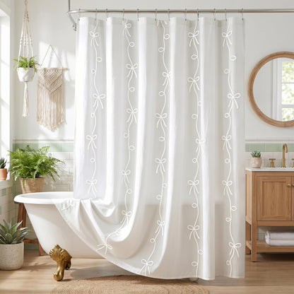 Seasonwood Pink Bow Shower Curtain with Cording Bow Embroidery 72x72 Inches