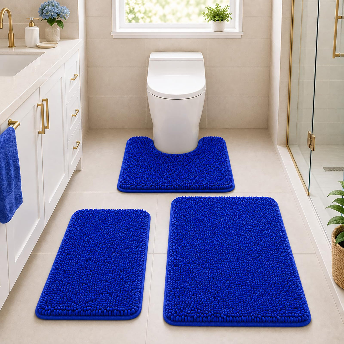 Bathroom Rugs Set Non Slip 3 Piece Bath Mat Washable Chenille Bath Rugs with PVC Backing Bath Carpet,Absorbent Bathroom Mats with Toilet Rug,Bath Mats for Bathroom,Bedroom, Kitchen,Tub,Home Decor