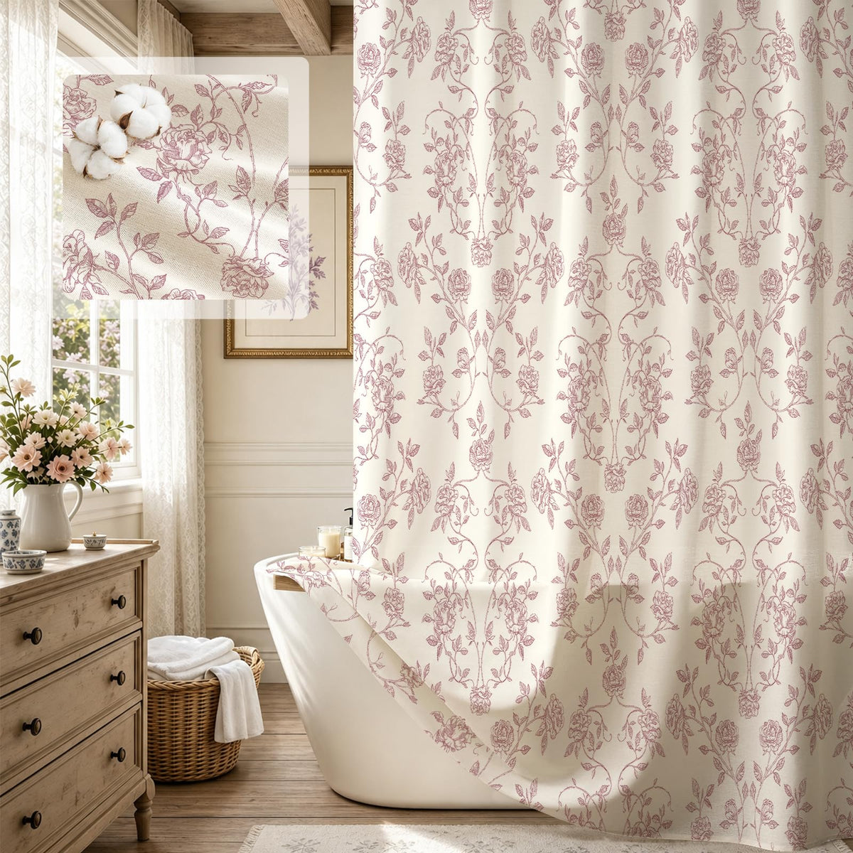 MitoVilla Vintage Farmhouse Blue Floral Poly-Cotton Shower Curtain, 72x72