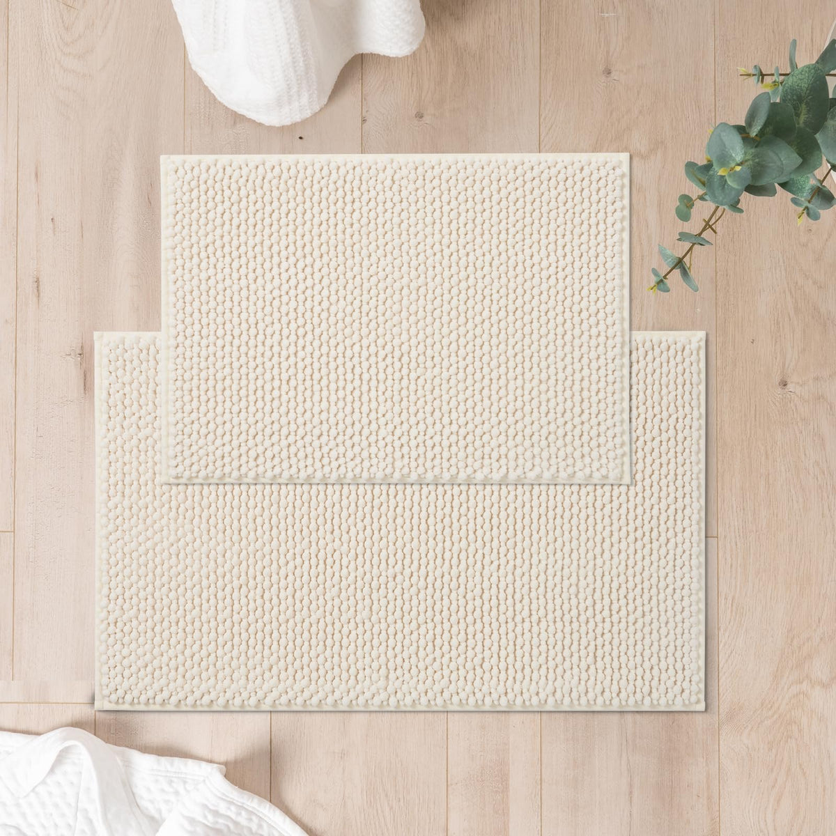 FRESHMINT Chenille Bath Rugs Set 2 Pieces, Cream White, 17''x24''+20''x47''