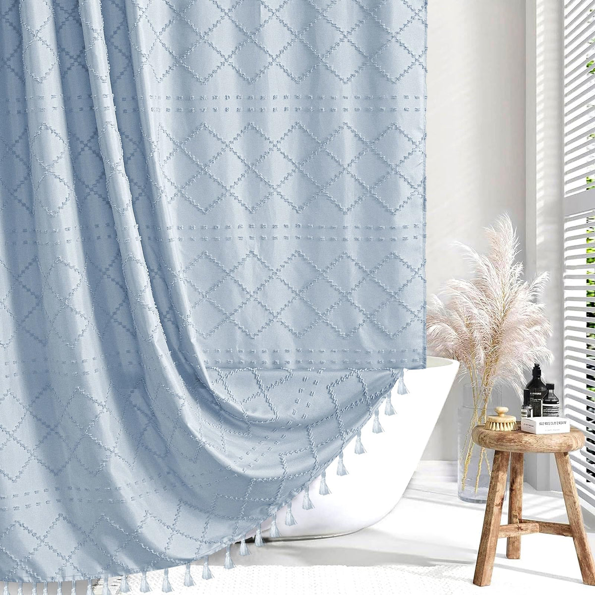 Siiluminisoy Navy Blue Shower Curtain Boho Shower Curtains Fabric, Tufted Chevron Textured Striped Modern Minimalist Cloth Shower Curtain for Bathroom, 72 x 72
