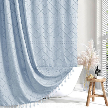 Siiluminisoy Navy Blue Shower Curtain Boho Shower Curtains Fabric, Tufted Chevron Textured Striped Modern Minimalist Cloth Shower Curtain for Bathroom, 72 x 72