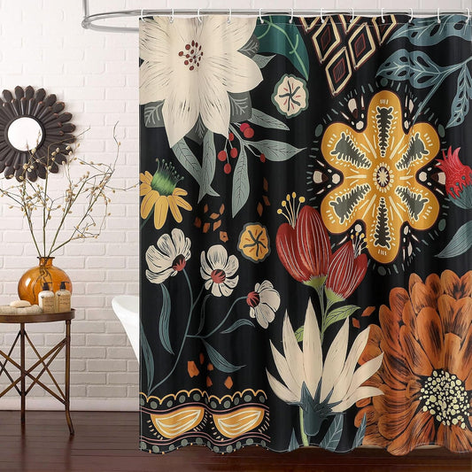 Boho Floral Shower Curtain, Vintage Botanical Fabric Curtain, 72 x 72