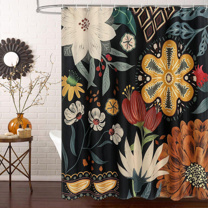 Boho Floral Shower Curtain, Vintage Botanical Fabric Curtain, 72 x 72