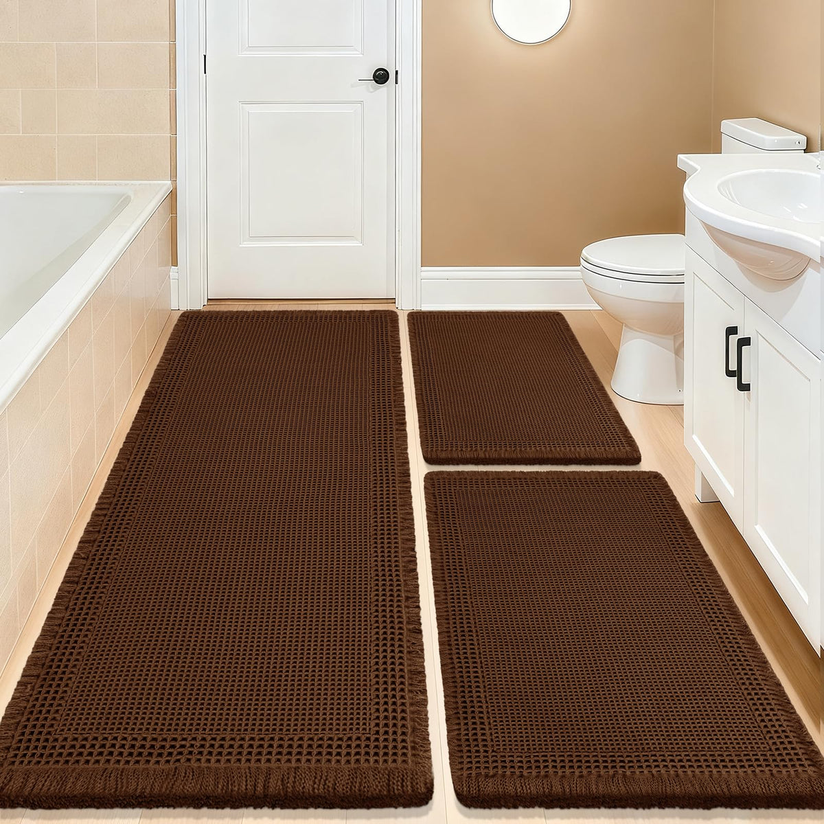 Upgrade Waffle Bath Mat Set 2 Piece, Boho Bathroom Rugs Absorbent Non Slip, Ultra Soft Bathroom Mat, Machine Washable Knit Bath Rugs with Herringbones for Bathroom, Bedroom, Kitchen, Shower, White