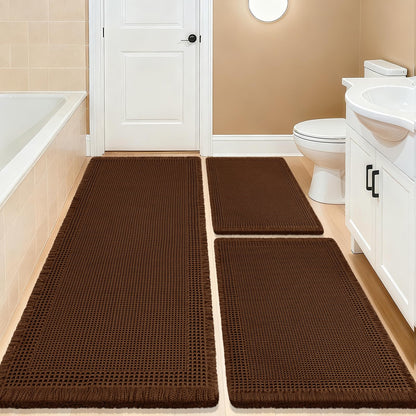 Upgrade Waffle Bath Mat Set 2 Piece, Boho Bathroom Rugs Absorbent Non Slip, Ultra Soft Bathroom Mat, Machine Washable Knit Bath Rugs with Herringbones for Bathroom, Bedroom, Kitchen, Shower, White