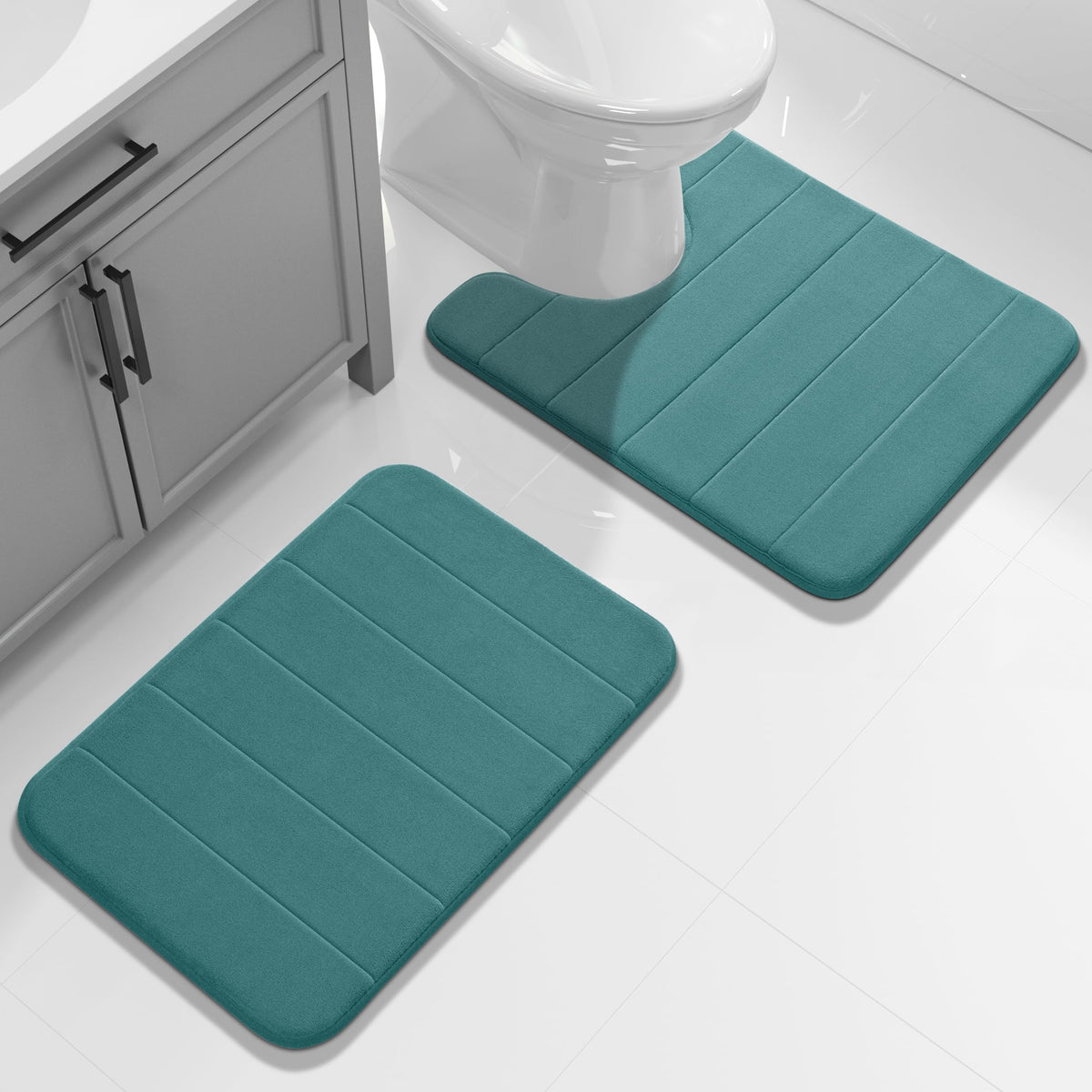 Yimobra Memory Foam Bathroom Rugs Sets 2 Piece - Super Soft Absorbent Quick Dry Bath Mat Set, Machine Washable Non Slip Floor Carpet for Tub Shower & Single Sink (17x24 & 31.5x20 Inch, Black)