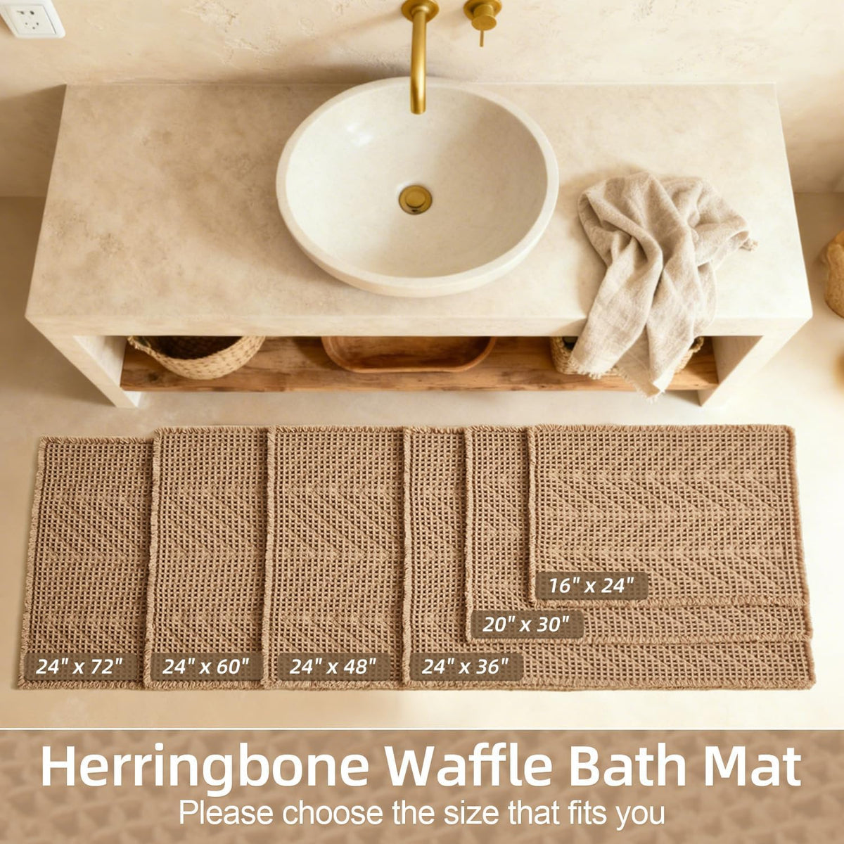 Sunfly Boho Bathroom Rug, Herringbone Waffle Bath Mat Non-Slip Washable Super Absorbent Quick Dry, Farmhouse Bath Mat for Bathroom Floor Decor 20"*30" Khaki