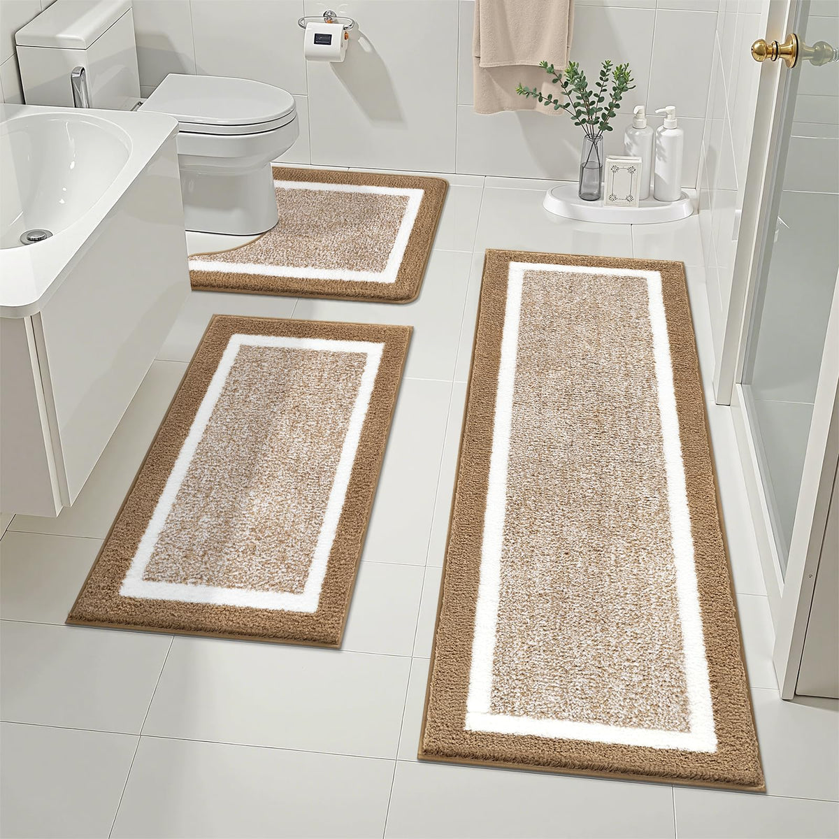 Pauwer Bathroom Rugs 3 Piece Set, Non Slip Washable Bath Mat, Dark Grey