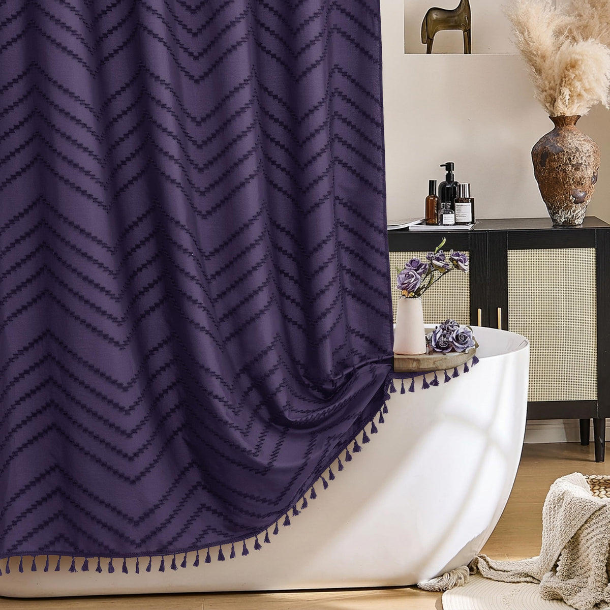 Siiluminisoy White Shower Curtain Fabric Boho Shower Curtain Cloth Textured Tufted Chevron Elegant Shower Curtains Waterproof for Bathroom 72" x 72"
