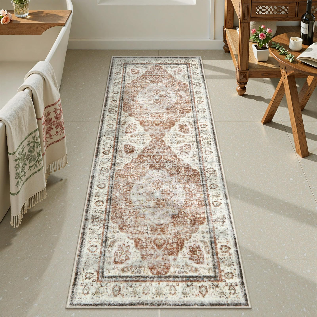 Uphome Boho Small Bath Mat, Distressed Farmhouse Light Khaki Bath Rugs, Comfy Velvet Bathroom Rugs Non Slip Washable, Vintage Oriental Toilet Rug for Sink Shower Vanity, 18x26 inch