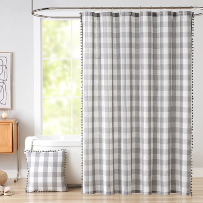 Tan and White Buffalo Plaid Boho Shower Curtain for Bathroom 72” x 72”