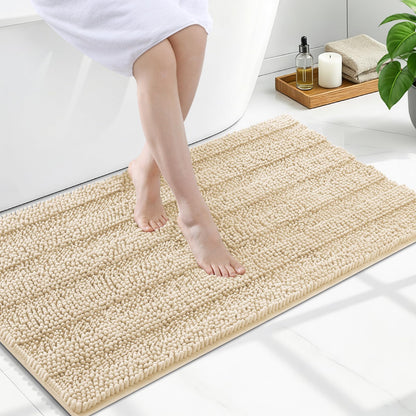 Grandaily Chenille Striped Bathroom Rugs 36x24, Extra Thick and Absorbent Bath Mats, Non-Slip Soft Plush Shaggy Shower Carpet, Machine Wash Dry, Bath Rug for Bathroom, (Large, Light Grey)