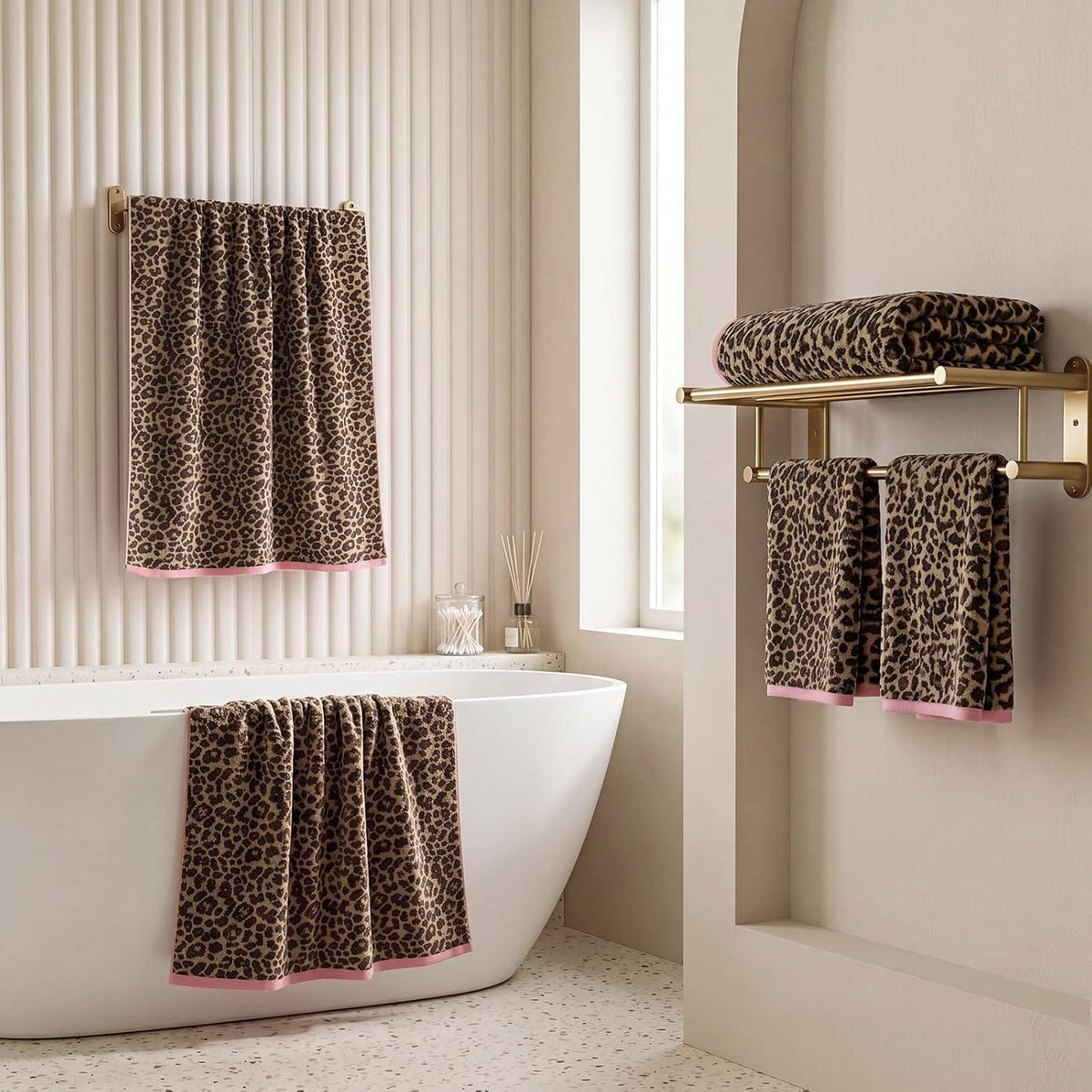 REDKISS Leopard Print Towel Set of 6,100% Cotton Bathroom Towels,Quick Dry & Absorbent,2 Bath Towel, 2 Hand Towel, 2 Washcloth-Dark Brown