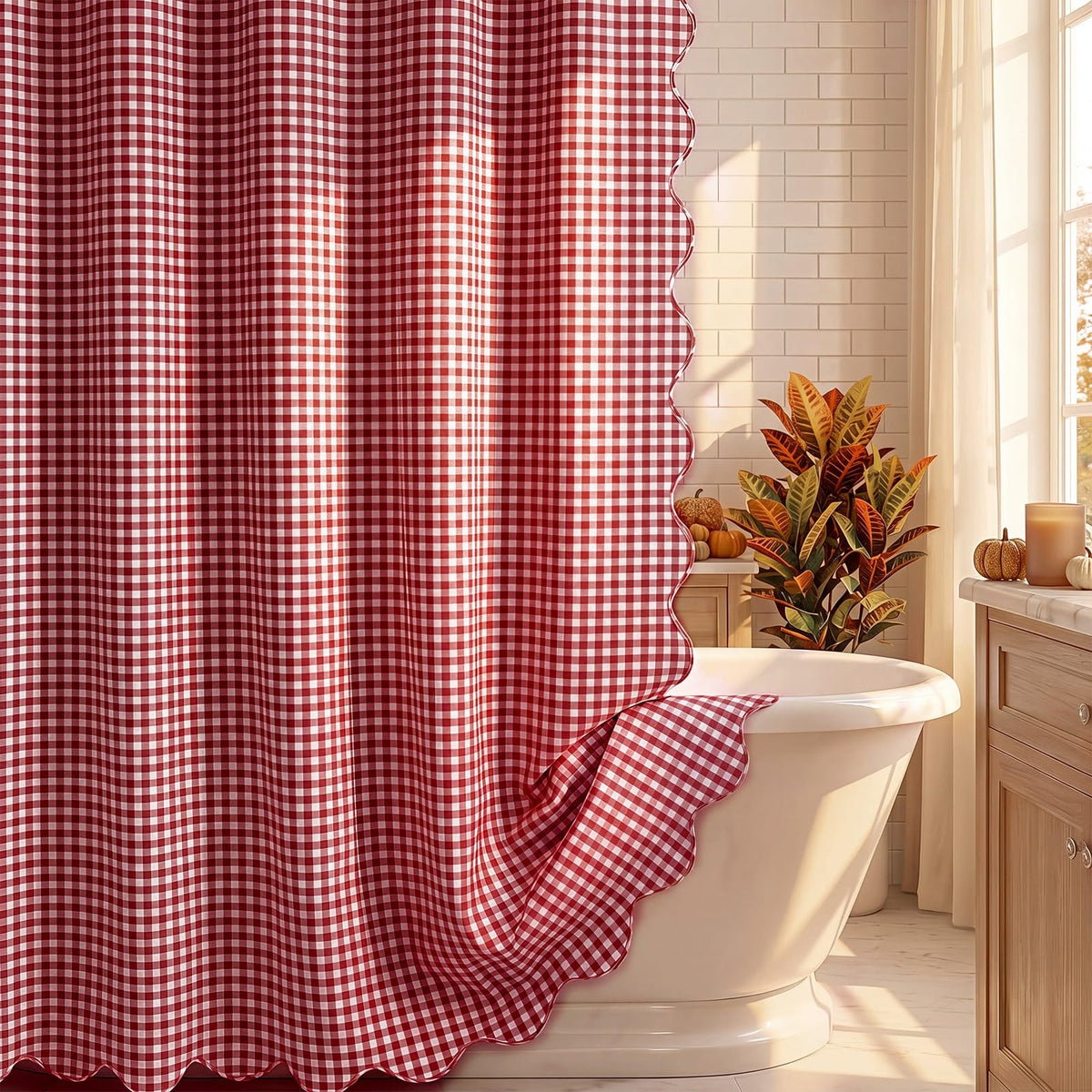 HunnmingRe Ruffle Hem Gingham Shower Curtain Sage Green