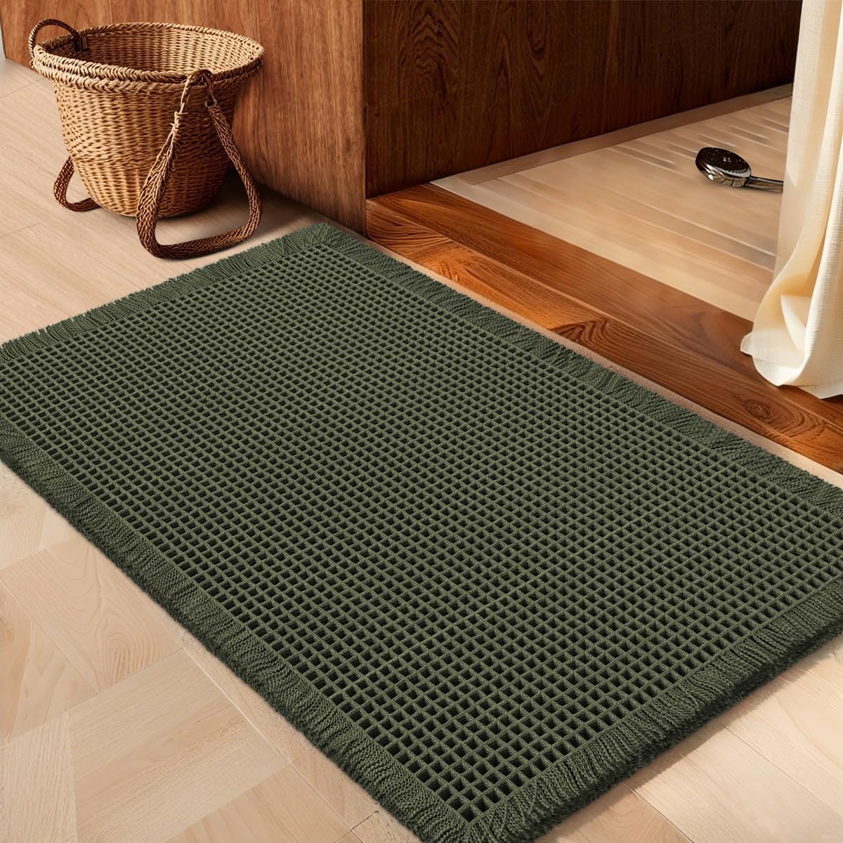 IM HOME Waffle Bath Mat Beige 32"x20", Boho Woven Modern Bath Mat Rugs, Absorbent Non Slip Bathroom Rugs, Soft Washable Bath Rugs with Tassels for Bathroom, Bedroom, Kitchen, Shower, Tub
