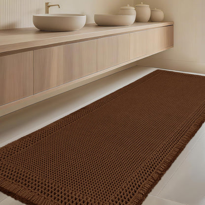 Upgrade Waffle Bath Mat Set 2 Piece, Boho Bathroom Rugs Absorbent Non Slip, Ultra Soft Bathroom Mat, Machine Washable Knit Bath Rugs with Herringbones for Bathroom, Bedroom, Kitchen, Shower, White