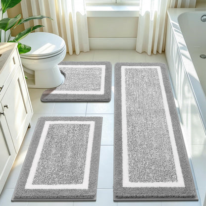 Pauwer Bathroom Rugs 3 Piece Set, Non Slip Washable Bath Mat, Dark Grey
