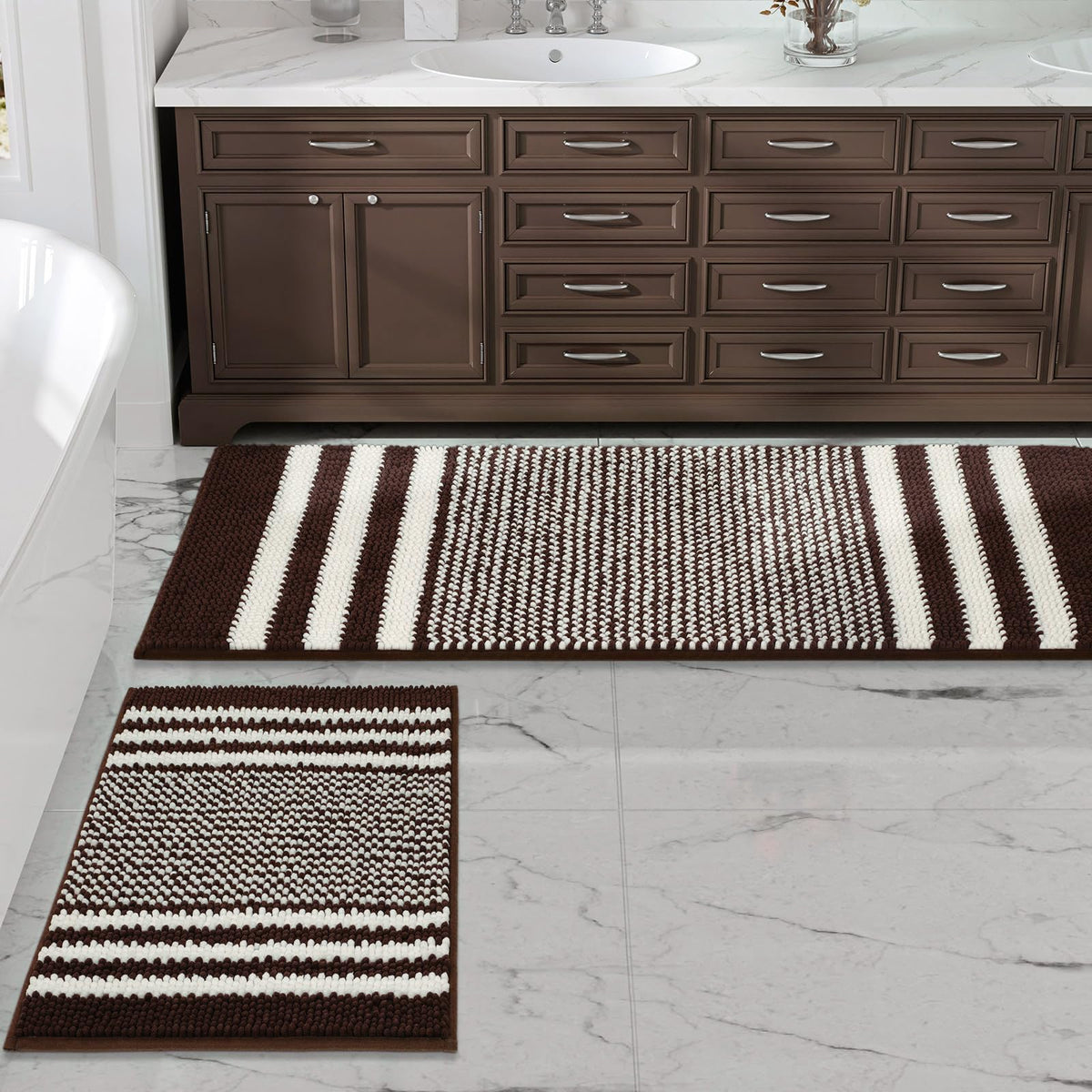 BSICPRO Bathroom Rugs Sets 2 Piece, Non Slip Striped Bath Mats, Fog Blue