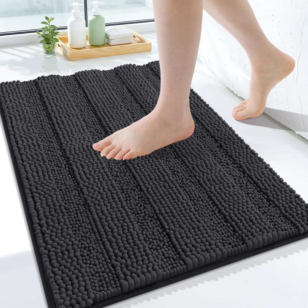 Grandaily Chenille Striped Bathroom Rugs 36x24, Extra Thick and Absorbent Bath Mats, Non-Slip Soft Plush Shaggy Shower Carpet, Machine Wash Dry, Bath Rug for Bathroom, (Large, Light Grey)