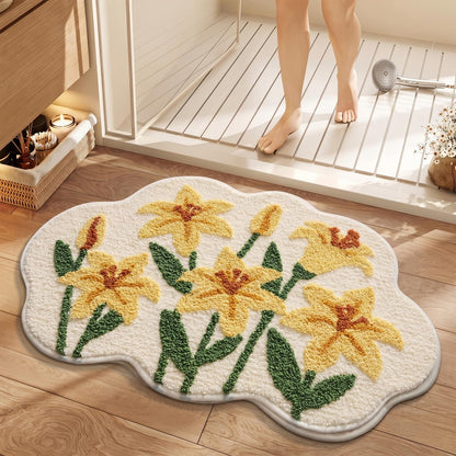 Cloud-Shaped Lily Bath Mat, Soft Non-Slip Fluffy Fresh Flowers Bathroom Rug, Ultra Absorbent Microfiber Shaggy Door Mat, Machine Washable Bath Rug Carpet for Bathtub Bedroom 20x31 Inch (White)