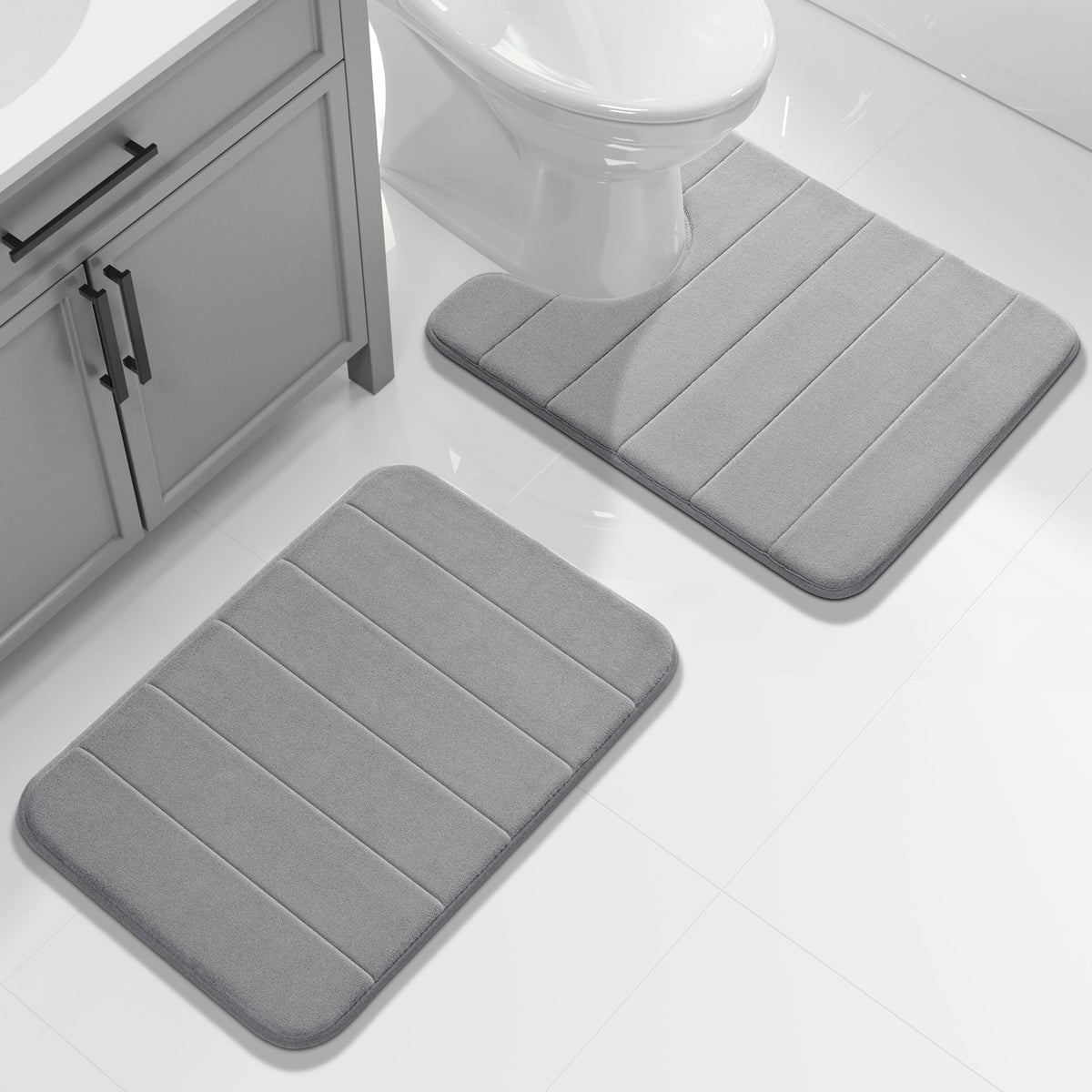 Yimobra Memory Foam Bathroom Rugs Sets 2 Piece - Super Soft Absorbent Quick Dry Bath Mat Set, Machine Washable Non Slip Floor Carpet for Tub Shower & Single Sink (17x24 & 31.5x20 Inch, Black)