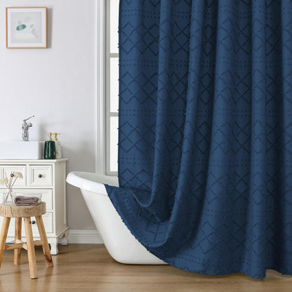 Lecloud White Fabric Shower Curtain 72x72 Inches, Boho Tufted Plaid Striped Shower Curtain Set for Bathroom, Chic Textured Cloth Shower Curtain