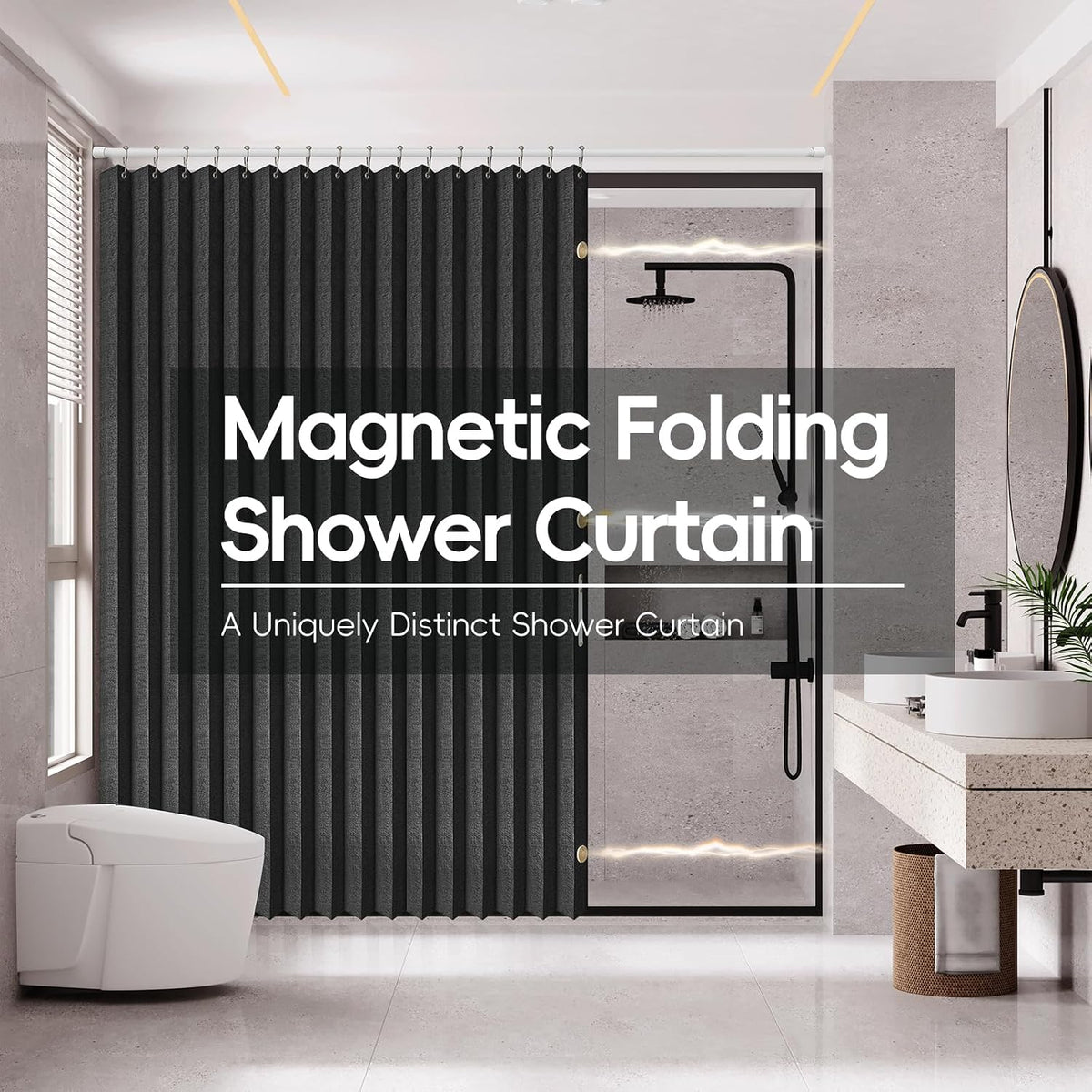AJAZZ Magnetic Folding Shower Curtains Fabric Polyester Material Waterproof Shower Curtain Suitable for Family Hotel Homestay (Black,77" W x 72" L) 1 Panel
