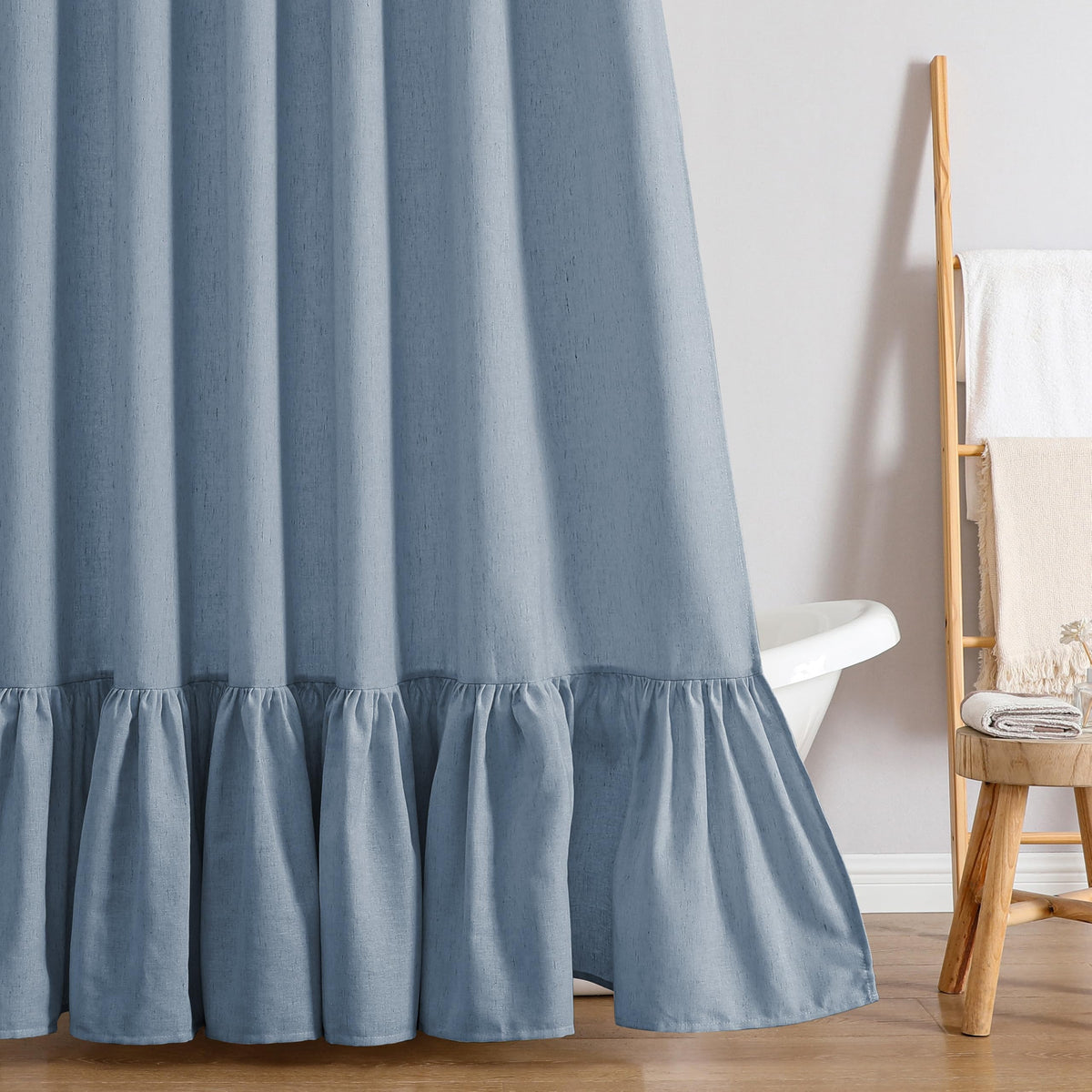 QiyI Boho Ruffle Shower Curtain, Linen Blend Fabric, Natural, 72 x 72
