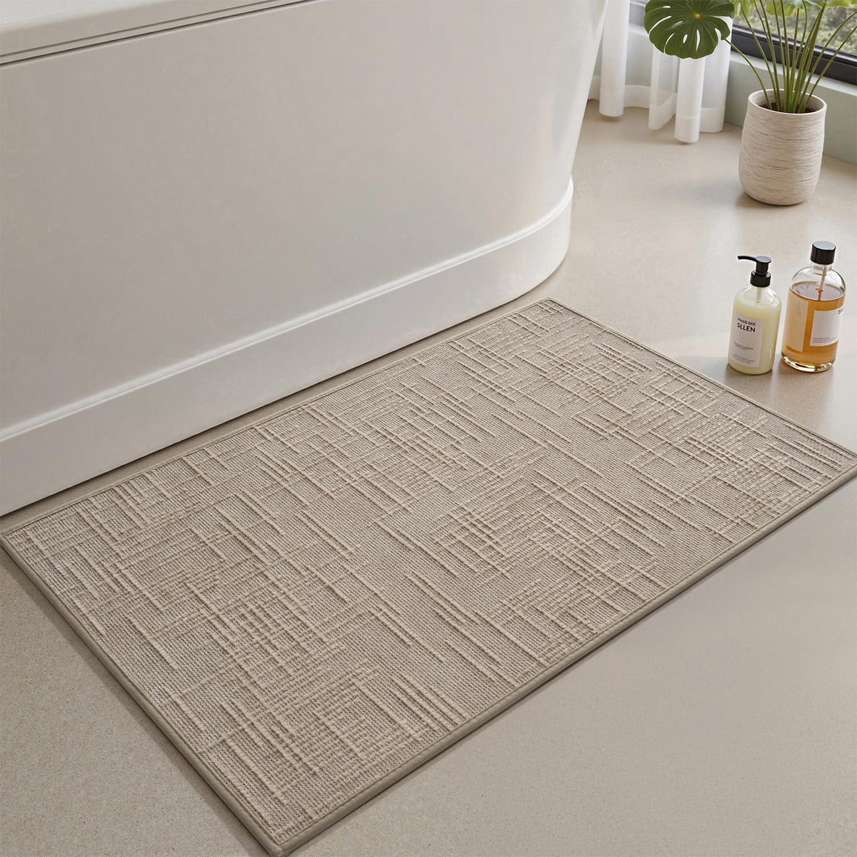 AMOAMI Bath Mat Non Slip Super Absorbent Quick Dry Bath Mats for Bathroom Floor Rubber Backing Washable Bathroom Rugs Modern Woven Jacquard Mat, Beside Tub Bath Rugs, 17" x 24", Brown
