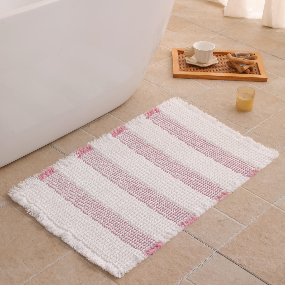 Waffle Bath Mat Non Slip, Boho Bathroom Rug, White/Taupe, 16"x24"