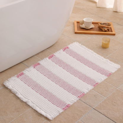 Waffle Bath Mat Non Slip, Boho Bathroom Rug, White/Taupe, 16"x24"