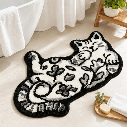 Cute Cat Bath Mat, Unique Blue Small Fun Bathroom Rug