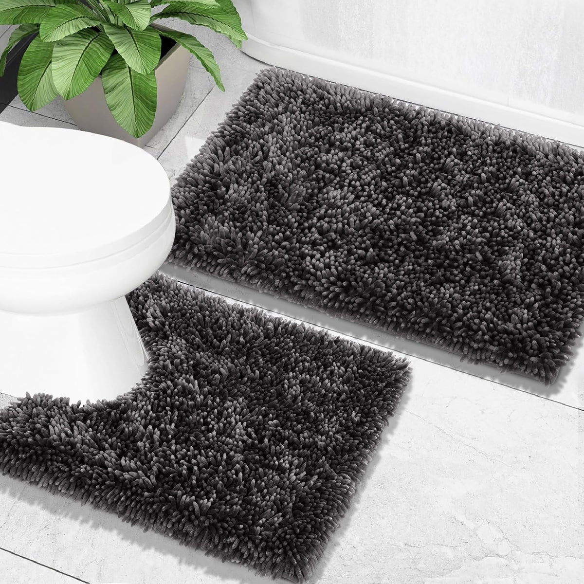 Yimobra Bathroom Rug Set 2 Piece, Luxury Shaggy Bath Mat Set with Non Slip Backing, Ultra Soft & Absorbent Mats for Bathroom Floor, Machine Washable, 31.5"x20"+24"x17", Dark Purple