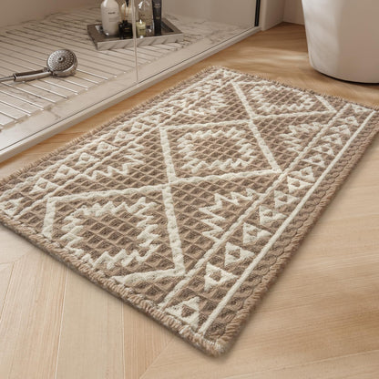 PADOOR-Waffle Bath Mat-Super Absorbent Bath Mats for Bathroom, Machine Washable Non Slip Bathroom Rug with Tassels, Soft Bathroom Mat for Laundry Room, Bedroom, Brown & Cream, 17"x28"