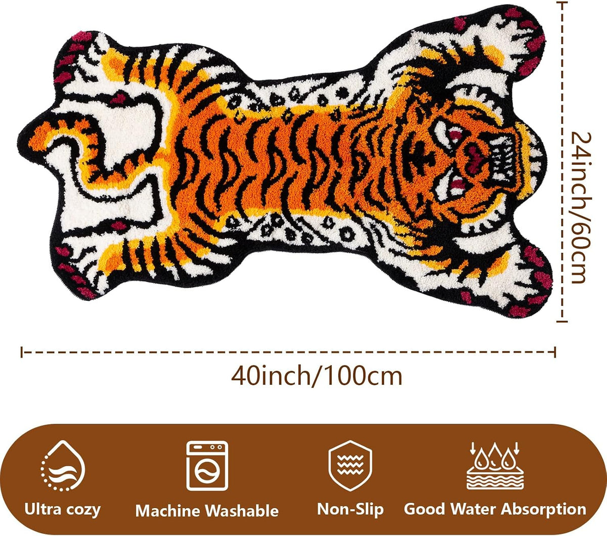 Tibetan Tiger Bath Mat Bathroom Rug Soft Non Slip Orange 24"x40"